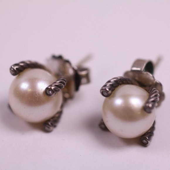 David Yurman Jewelry - David Yurman Pearl Diamond 925 Sterling Silver Cable Stud Earrings 9.5mm (R721)